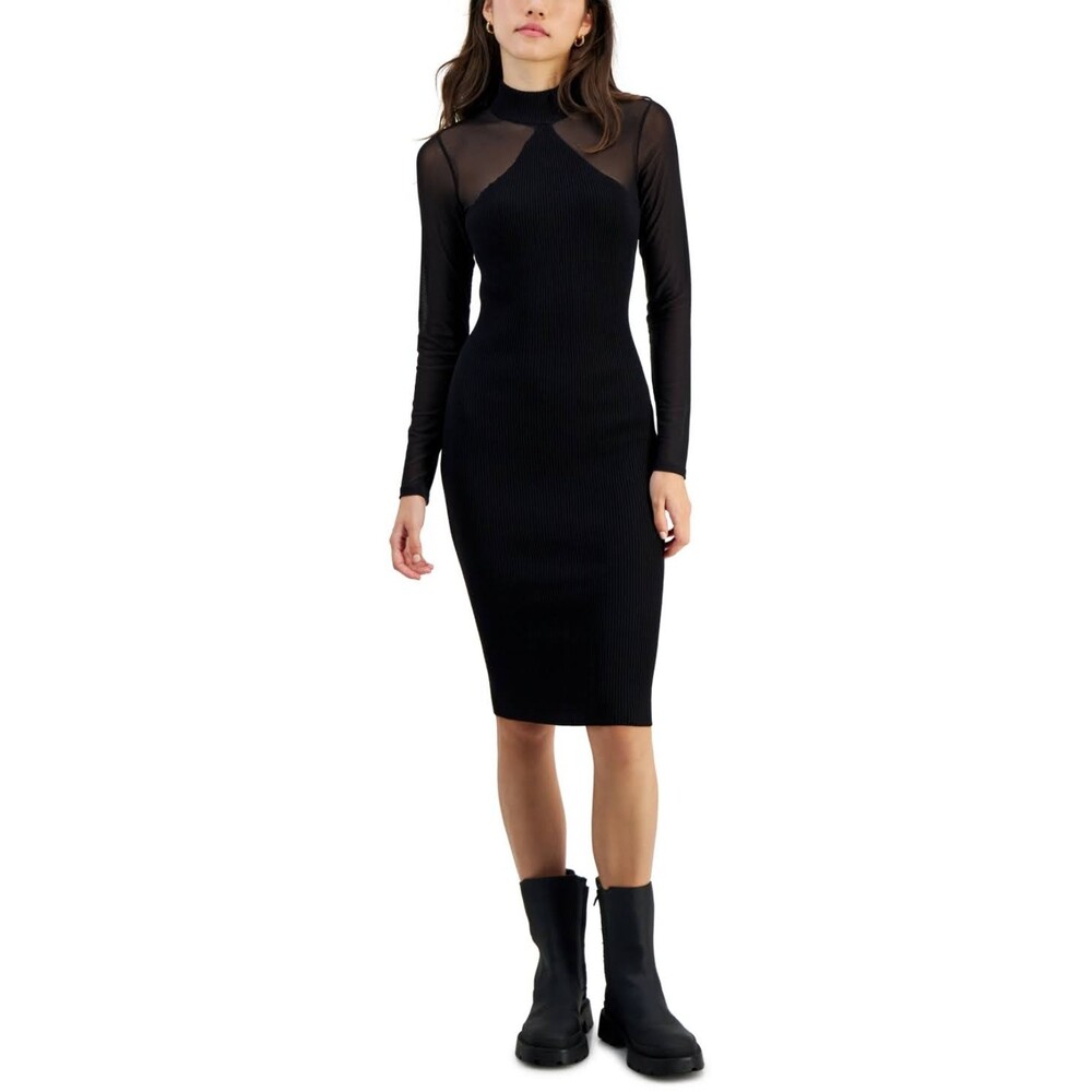 Crave Fame Mixed-Media Long-Sleeve Ribbed Bodycon Midi Dress Black Size XL